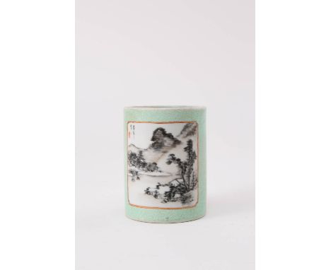 A CHINESE SGRAFFITO AND EN GRISAILLE BRUSHPOT, BITONG SIX CHARACTER QIANLONG MARK AND OF THE PERIOD 1736-95 The cylindrical b