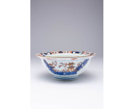 A CHINESE IMARI BOWL FROM THE COLLECTION OF AUGUSTUS THE STRONG KANGXI 1662-1722 Painted with pagodas and trees within a bord