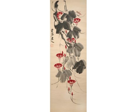 AFTER QI BAISHI (20TH CENTURY) MORNING GLORY A Chinese painting, ink and colour on paper, inscribed with a signature, with on