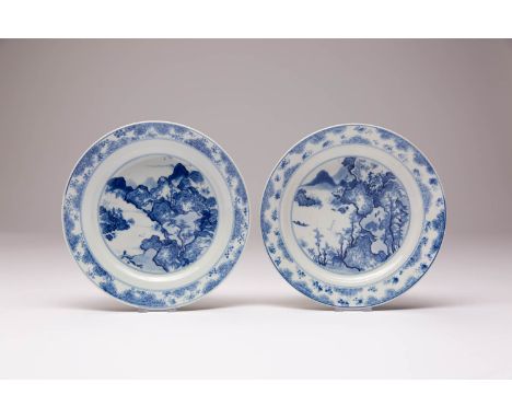 A PAIR OF CHINESE BLUE AND WHITE 'MASTER OF THE ROCKS' DISHES KANGXI 1662-1722 Each decorated with a central medallion contai