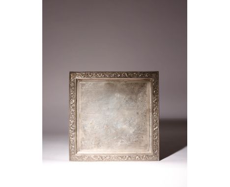 A CHINESE SQUARE SILVER 'FIGURAL' TRAY LATE 19TH CENTURY The central panel engraved with a garden pavilion scene of court fig