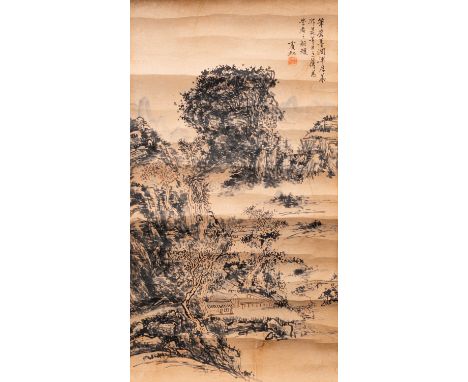 ATTRIBUTED TO HUANG BINHONG LANDSCAPE A Chinese scroll painting, ink and colour on paper, inscribed and signed Binhong, with 