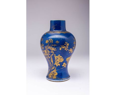 A CHINESE BLUE-GROUND AND GILT DECORATED BALUSTER VASE KANGXI 1662-1722 Decorated with blossoming prunus and roses, the rever