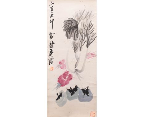 AFTER QI BAISHI VEGETABLE AND PERSIMMON A Chinese scroll painting, ink and colour on paper, inscribed with the signature of Q