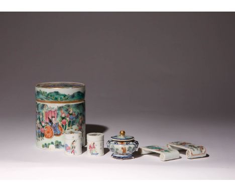 SIX CHINESE FAMILLE ROSE PORCELAIN ITEMS 19TH / EARLY 20TH CENTURY Comprising: a jar and cover painted with Zhuge Liang and w