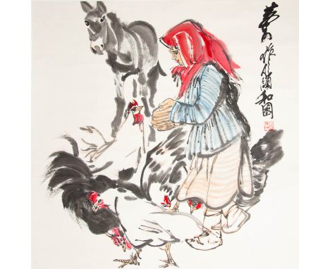 AFTER HUANG ZHOU GIRL AND FARM ANIMALS A Chinese scroll painting, ink and colour on paper, inscribed and signed Huang Zhou wi