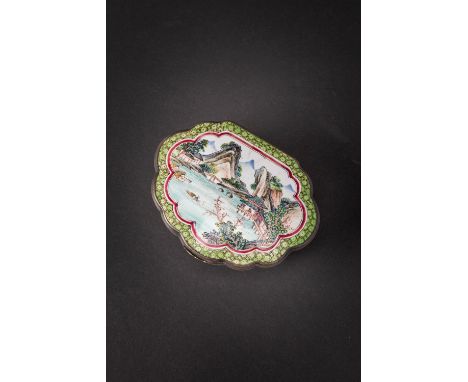 A CHINESE CANTON ENAMEL SHELL-SHAPED BOX QING DYNASTY The silver mounted hinged lid painted with figures and huts in a mounta