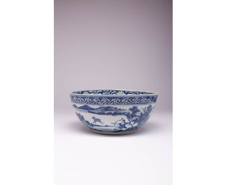A CHINESE BLUE AND WHITE 'HUNTING' BOWL LATE QING DYNASTY The exterior painted with a scene of hunters, including a decoy dre