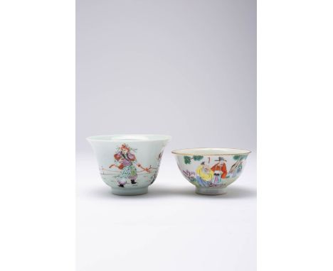 TWO CHINESE FAMILLE ROSE BOWLS LATE QING DYNASTY One decorated with the Sanxing, the other with four warriors, the former wit