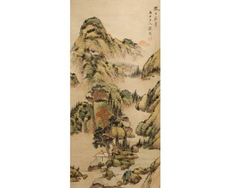 AFTER SHEN ZHOU (19TH CENTURY) MOUNTAINOUS LANDSCAPE A Chinese hanging scroll, ink and colour on paper, inscribed with a sign