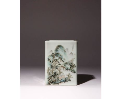 A CHINESE POLYCHROME AND EN GRISAILLE SQUARE-SECTION BRUSHPOT, BITONG PROBABLY 20TH CENTURY Painted with mountainous landscap