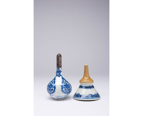 TWO CHINESE BLUE AND WHITE ITEMS KANGXI 1662-1722 One a wine funnel with a cafe au lait spout, the other a rose water bottle,