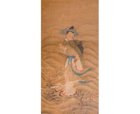 AFTER QIU YING PORTRAIT OF MAGU A Chinese scroll painting, ink and colour on silk, inscribed and signed Shifu Qiu Ying zhi, w