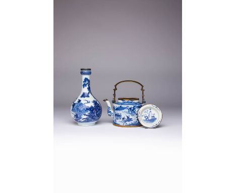 A CHINESE BLUE AND WHITE BOTTLE VASE AND A TEAPOT AND COVER 18TH AND 19TH CENTURY Each mounted with metal, the bottle vase pa