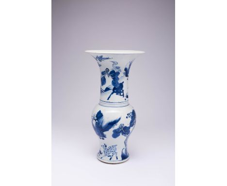 A CHINESE BLUE AND WHITE 'DEER AND CRANE' YEN YEN VASE KANGXI 1662-1722 The upper and lower sections decorated with a continu