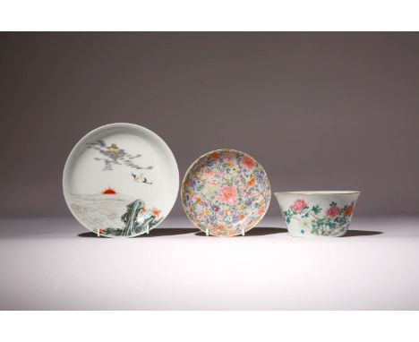 THREE CHINESE PORCELAIN ITEMS REPUBLIC PERIOD AND LATER One a famille rose floral bowl with a mark reading Yong an gong si ji