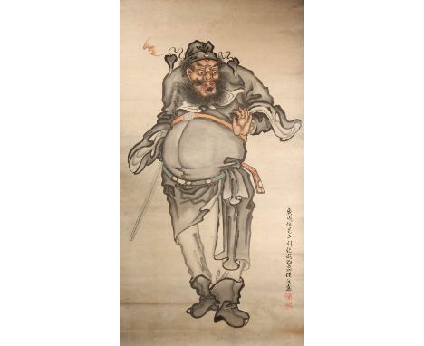 WANG GAN (LATE QING) PORTRAIT OF ZHONG KUI A Chinese scroll painting, ink and colour on paper, inscribed and signed with two 