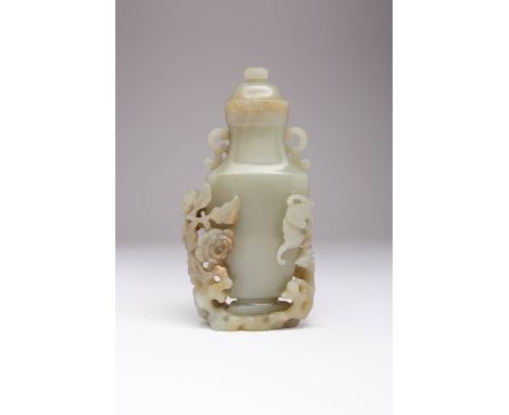 A CHINESE CELADON JADE VASE AND COVER QING DYNASTY OR LATER The rectangular-section body with scroll handles and a bat and ch