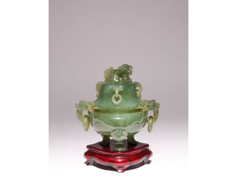 A CHINESE HARDSTONE INCENSE BURNER AND COVER LATE QING DYNASTY/ REPUBLIC PERIOD The compressed circular body with animal mask