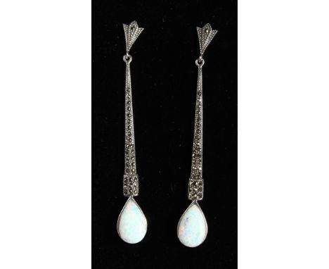 A PAIR OF SILVER AND MARCASITE OPAL DROP EARRINGS