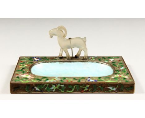 AN ENAMEL DECORATED ASH/PIN TRAY with a jade deer. 5.75ins long, 3.75ins deep.