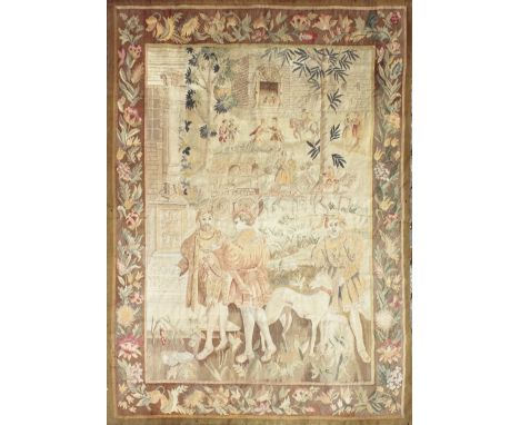 A GOOD 18TH CENTURY FRENCH TAPESTRY decorated with many figures within a floral border. 6ft high x 4ft 7ins wide.