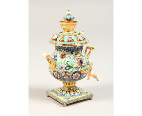 A SMALL RUSSIAN SILVER AND ENAMEL SAMOVA