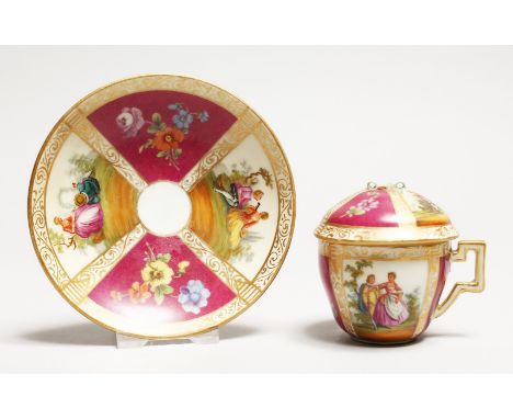 A SMALL DRESDEN AUGUSTUS REX CAUDILE CUP, SAUCER AND COVER.