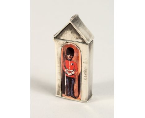 A NOVELTY SILVER AND ENAMEL SENTRY BOX VESTA 2.25ins long