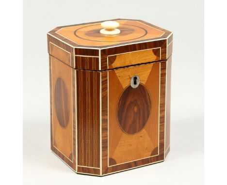 A SUPERB GEORGE III SATINWOOD BANDED TEA CADDY with rosewood and ivory canted corners and ivory finials. 6.5ins high