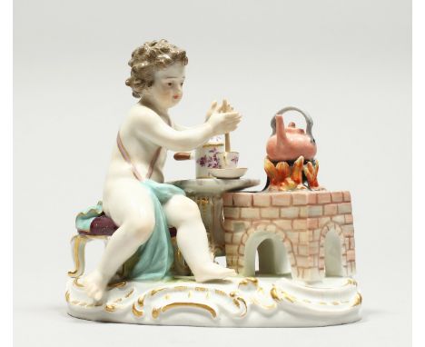 A GOOD MEISSEN PORCELAIN GROUP OF A CHERUB stirring a cup by a stove, with a kettle. Cross swords mark in blue, incised 09. 4