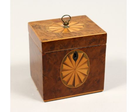 A SMALL GEORGE III SQUARE TEA CADDY with satinwood  fan inlay. 4.25ins high.