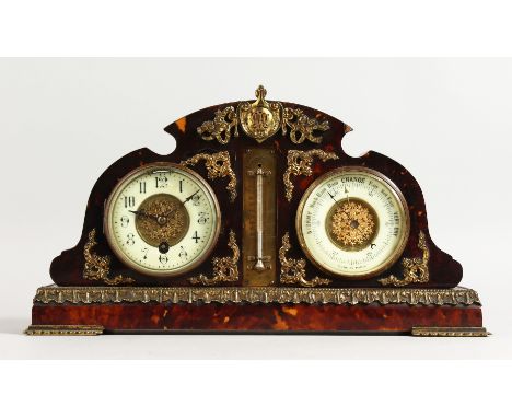 A VERY GOOD 19TH CENTURY FRENCH TORTOISESHELL CASE CLOCK, THERMOMETER AND BAROMETER, CIRCA. 1860. 15ins long.