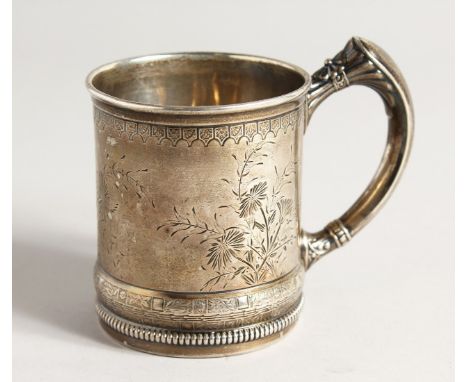 A STERLING SILVER ENGRAVED CHRISTENING MUG