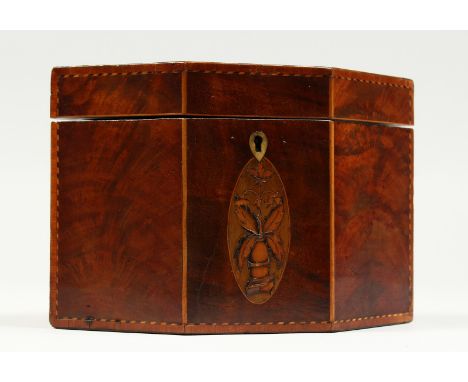 A GOOD GEORGE III MAHOGANY HEXAGONAL SHAPED TEA CADDY with satinwood stringing and oval. 5ins high.