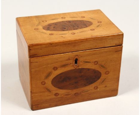 A  SMALL GEORGE III RECTANGULAR TEA CADDY with inset ovals. 4.75ins