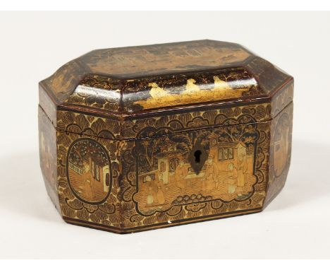A CHINESE BLACK AND GILT TEA CADDY with pewter liner with top. 6.5ins long