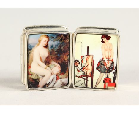 TWO SILVER AND ENAMEL NUDE PILL BOXES
