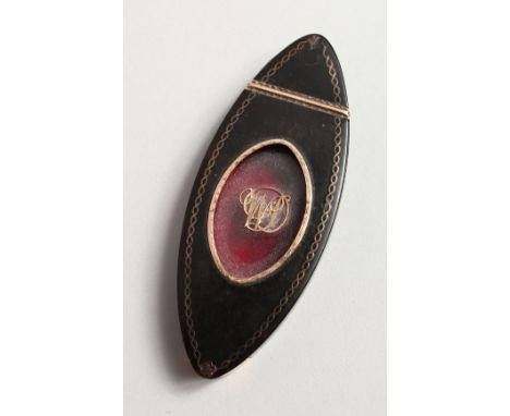 A GEORGE III NAVETTE SHAPED TORTOISESHELL AND GOLD SNUFF BOX, the hinged cover inset with a glass panel. 4ins long.