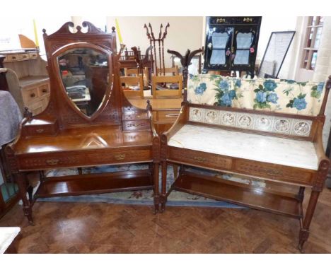 A Victorian mahogany dressing table with shield shape mirror, brass candle sconces and marble topped washstand with tile and 