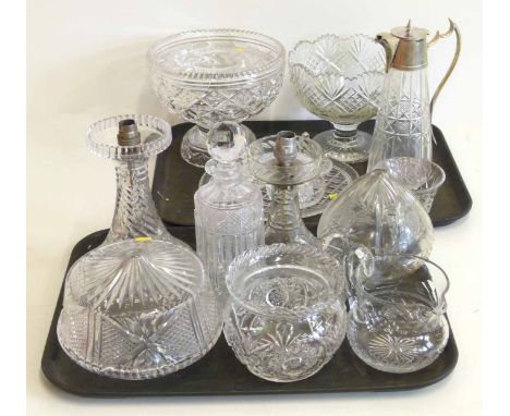 Two cut glass electric table lights together with a collection of other cut glass ware, including two food bowls, decanter, d