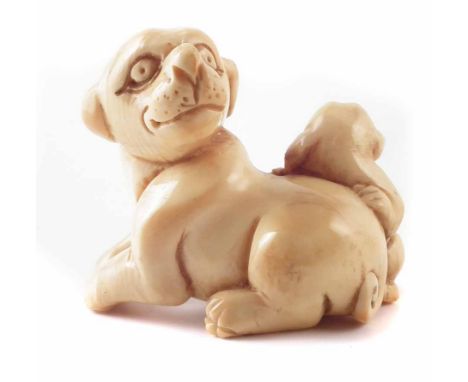Modern Chinese reproduction Netsuke carved in the form of a dog and puppy, height 3.1cm. Unfortunately we are unable to do co