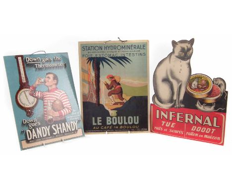 Three shop display adverts: Infernal Rat and Mouse Killer, Dandy Shandy Thermometer advert, Le Boulou Thermal Spa advert. Unf