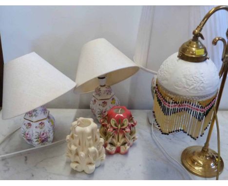 Two Fenton China Co. lamp bases and Aynsley Howard Sprays lamp base complete with shades, brass table lamp and candles. Unfor