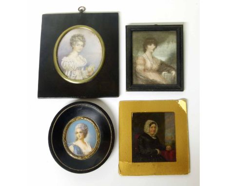 Quantity of four assorted portrait miniatures to include oval portrait watercolour of a lady and oil on copper 19th century p
