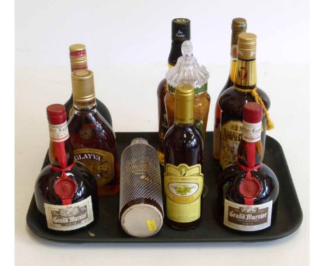 Ten assorted bottles of liqueurs and spirits as follows: 1 bottle of Tokaji Oremus Aszu (6 puttonyos) 1981. 500ml. 1 bottle o