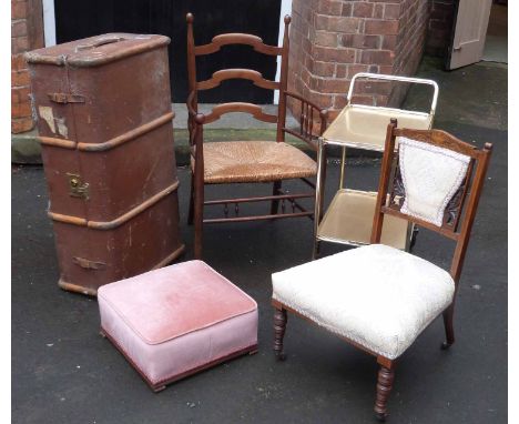 Edwardian nursing chair, metal trolley, trunk, stool and a ladder-back chair. Unfortunately we are unable to do condition rep