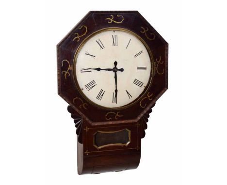 Early 19th century drop dial wall clock with octagonal mahogany case and brass inlay, white enamel face with Roman numerals. 