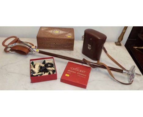 Tirion shooting stick, pair Carl Zeiss Jena binoculars in case, box 'Crescent' chessmen and Indian box. Unfortunately we are 