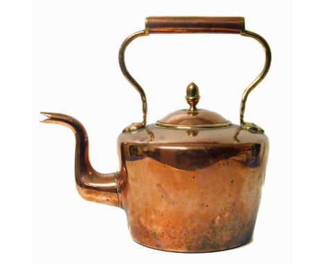 19th century copper kettle with acorn finial to lid, 26cm diameter. Unfortunately we are unable to do condition reports and e